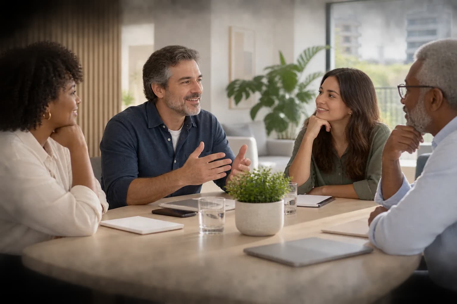 Quatro pessoas conversam em uma mesa de reunião do condomínio