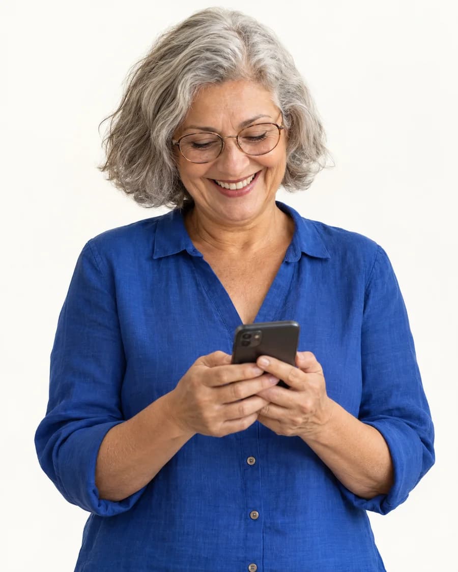 Moradora sorrindo ao usar o celular